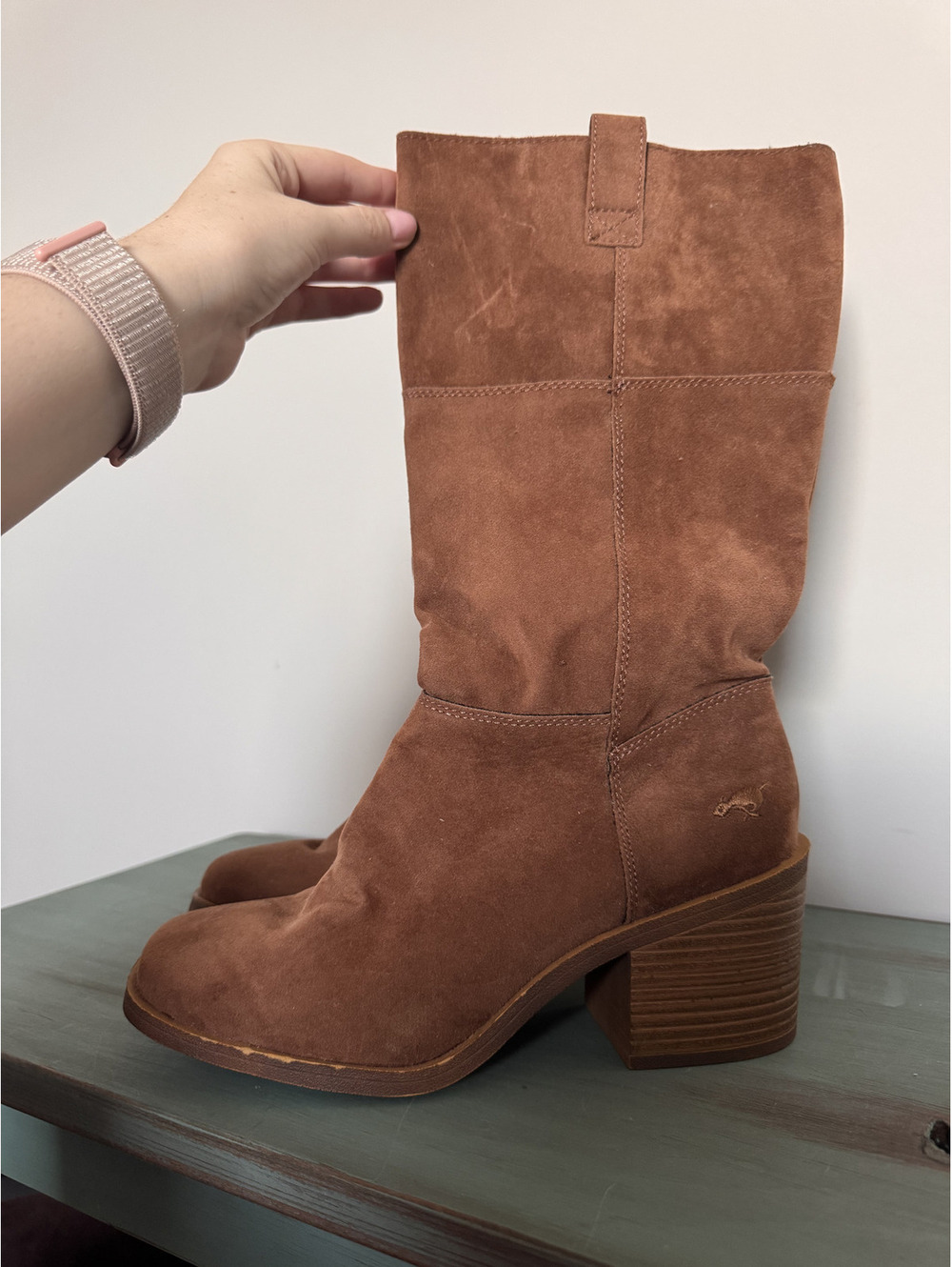 Rocket Dog Dixie Hush Brown Suede Mid Calf Boots Stacked Block Heel Size 8